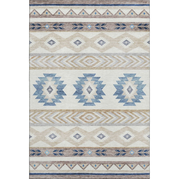 HomeRoots 5' X 8' Durable Taupe Ivory And Blue Geometric Area Rug - Washable, UV Resistant, Ideal for Homes 645644