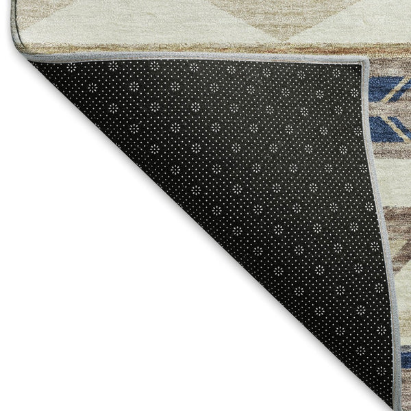HomeRoots 5' X 8' Durable Taupe Ivory And Blue Geometric Area Rug - Washable, UV Resistant, Ideal for Homes 645644