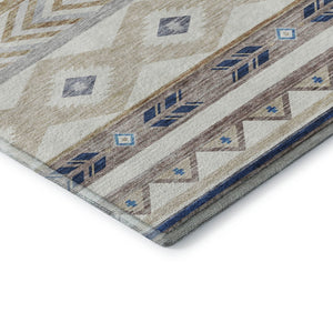 HomeRoots 5' X 8' Durable Taupe Ivory And Blue Geometric Area Rug - Washable, UV Resistant, Ideal for Homes 645644
