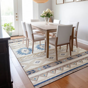 HomeRoots 5' X 8' Durable Taupe Ivory And Blue Geometric Area Rug - Washable, UV Resistant, Ideal for Homes 645644