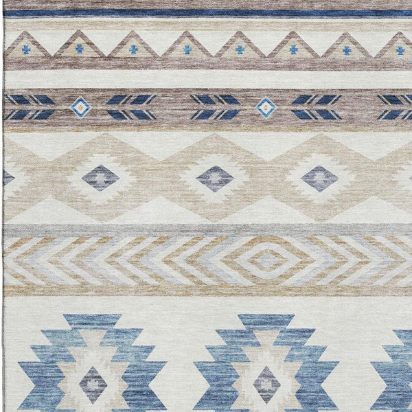 HomeRoots 5' X 8' Durable Taupe Ivory And Blue Geometric Area Rug - Washable, UV Resistant, Ideal for Homes 645644