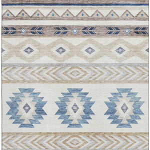 HomeRoots 5' X 8' Durable Taupe Ivory And Blue Geometric Area Rug - Washable, UV Resistant, Ideal for Homes 645644