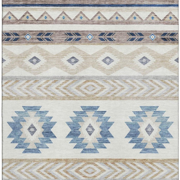 HomeRoots 5' X 8' Durable Taupe Ivory And Blue Geometric Area Rug - Washable, UV Resistant, Ideal for Homes 645644
