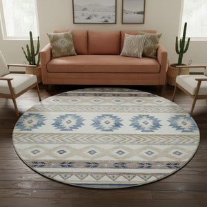 HomeRoots 8' Stylish Taupe Ivory & Blue Geometric Round Rug – UV Protected, Washable, Stain Resistant Design 645645