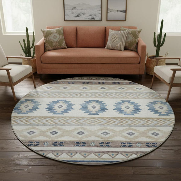 HomeRoots 8' Stylish Taupe Ivory & Blue Geometric Round Rug – UV Protected, Washable, Stain Resistant Design 645645