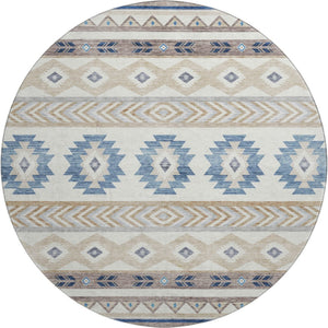 HomeRoots 8' Stylish Taupe Ivory & Blue Geometric Round Rug – UV Protected, Washable, Stain Resistant Design 645645