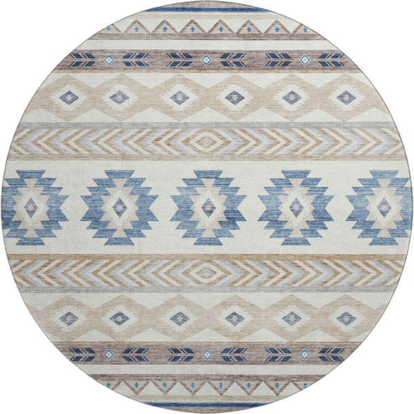 HomeRoots 8' Stylish Taupe Ivory & Blue Geometric Round Rug – UV Protected, Washable, Stain Resistant Design 645645