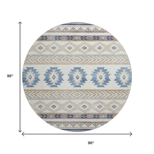 HomeRoots 8' Stylish Taupe Ivory & Blue Geometric Round Rug – UV Protected, Washable, Stain Resistant Design 645645