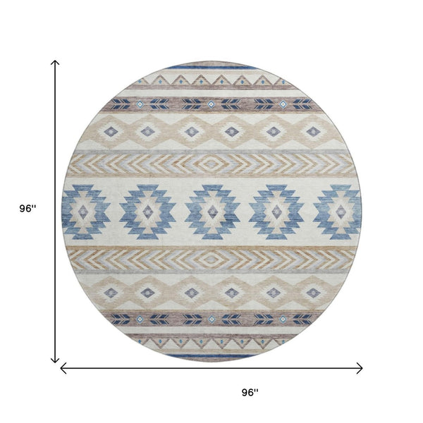 HomeRoots 8' Stylish Taupe Ivory & Blue Geometric Round Rug – UV Protected, Washable, Stain Resistant Design 645645
