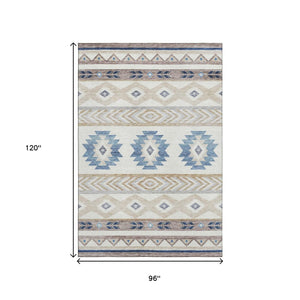 HomeRoots 8' X 10' Modern Taupe Ivory & Blue Geometric Area Rug - Washable, UV Protected, Pet Friendly Design 645646