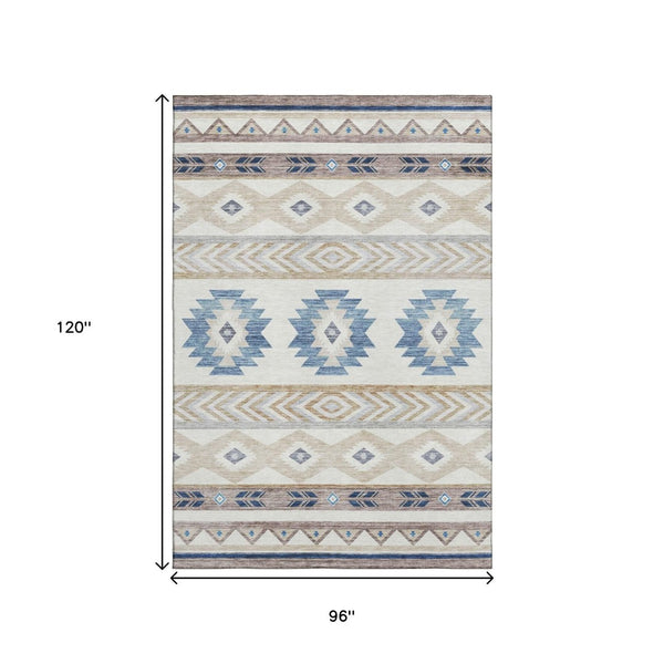 HomeRoots 8' X 10' Modern Taupe Ivory & Blue Geometric Area Rug - Washable, UV Protected, Pet Friendly Design 645646