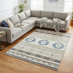 HomeRoots 8' X 10' Modern Taupe Ivory & Blue Geometric Area Rug - Washable, UV Protected, Pet Friendly Design 645646
