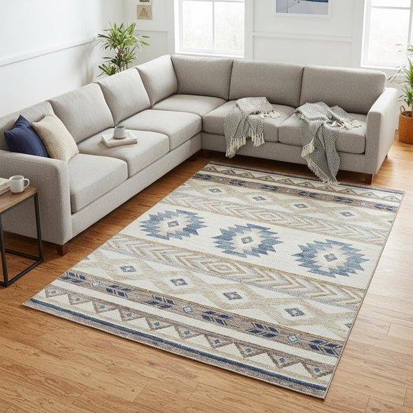 HomeRoots 8' X 10' Modern Taupe Ivory & Blue Geometric Area Rug - Washable, UV Protected, Pet Friendly Design 645646