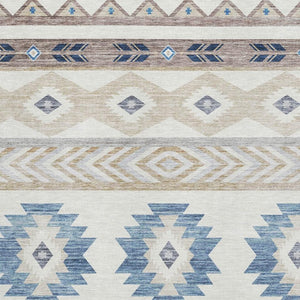 HomeRoots 8' X 10' Modern Taupe Ivory & Blue Geometric Area Rug - Washable, UV Protected, Pet Friendly Design 645646