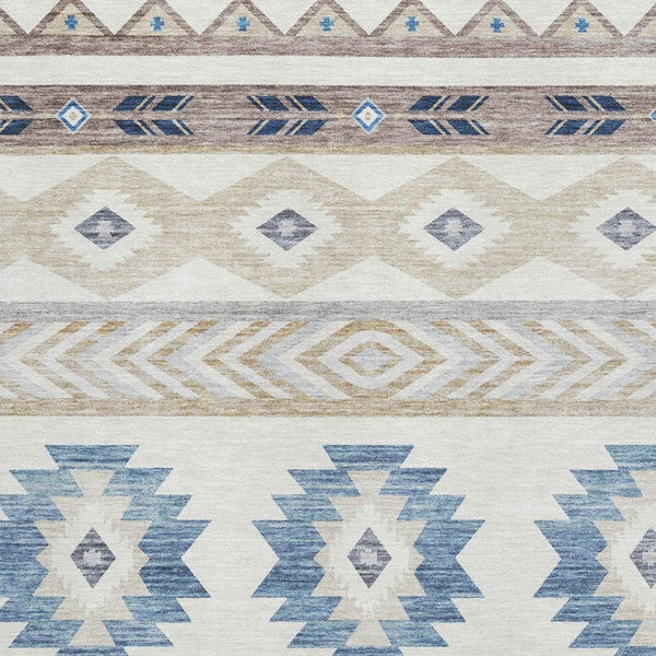 HomeRoots 8' X 10' Modern Taupe Ivory & Blue Geometric Area Rug - Washable, UV Protected, Pet Friendly Design 645646