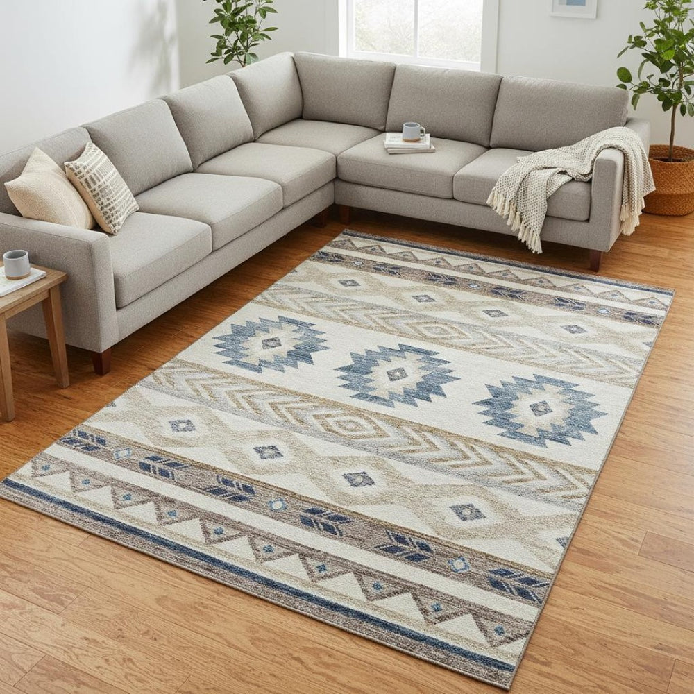 HomeRoots 9' X 12' Geometric Taupe Ivory and Blue Washable Area Rug with UV Protection for Busy Homes 645647