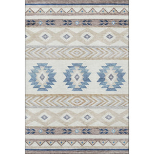 HomeRoots 9' X 12' Geometric Taupe Ivory and Blue Washable Area Rug with UV Protection for Busy Homes 645647