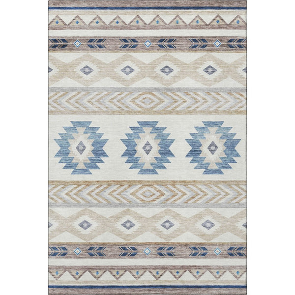 HomeRoots 9' X 12' Geometric Taupe Ivory and Blue Washable Area Rug with UV Protection for Busy Homes 645647