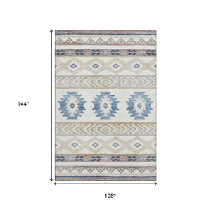HomeRoots 9' X 12' Geometric Taupe Ivory and Blue Washable Area Rug with UV Protection for Busy Homes 645647