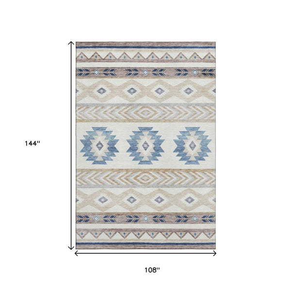 HomeRoots 9' X 12' Geometric Taupe Ivory and Blue Washable Area Rug with UV Protection for Busy Homes 645647