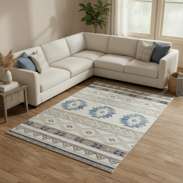 HomeRoots 10' Taupe, Ivory & Blue Geometric Area Rug - Washable, UV-Protected, Durable for Modern Living Spaces 645648