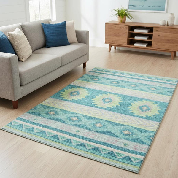 HomeRoots 5' X 8' Persian Blue, Lime Green & Silver Geometric Washable Area Rug - UV Protected & Durable Design 645650