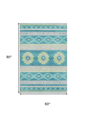 HomeRoots 5' X 8' Persian Blue, Lime Green & Silver Geometric Washable Area Rug - UV Protected & Durable Design 645650