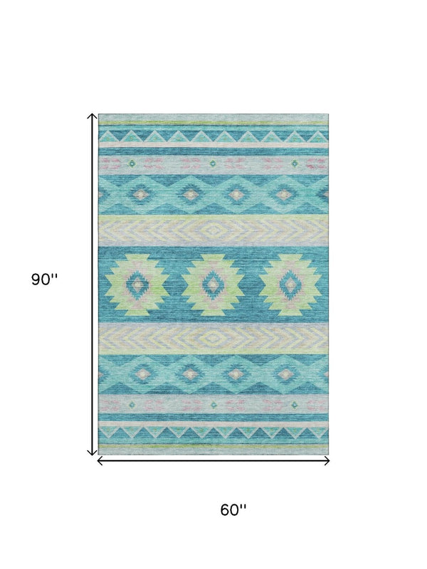 HomeRoots 5' X 8' Persian Blue, Lime Green & Silver Geometric Washable Area Rug - UV Protected & Durable Design 645650