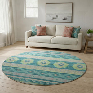 HomeRoots 8' Persian Blue Geometric Round Rug - Washable, UV Protected, Stain Resistant for High-Traffic Areas 645651