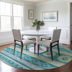 HomeRoots 8' Persian Blue Geometric Round Rug - Washable, UV Protected, Stain Resistant for High-Traffic Areas 645651