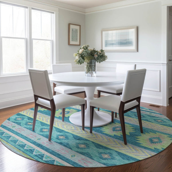 HomeRoots 8' Persian Blue Geometric Round Rug - Washable, UV Protected, Stain Resistant for High-Traffic Areas 645651