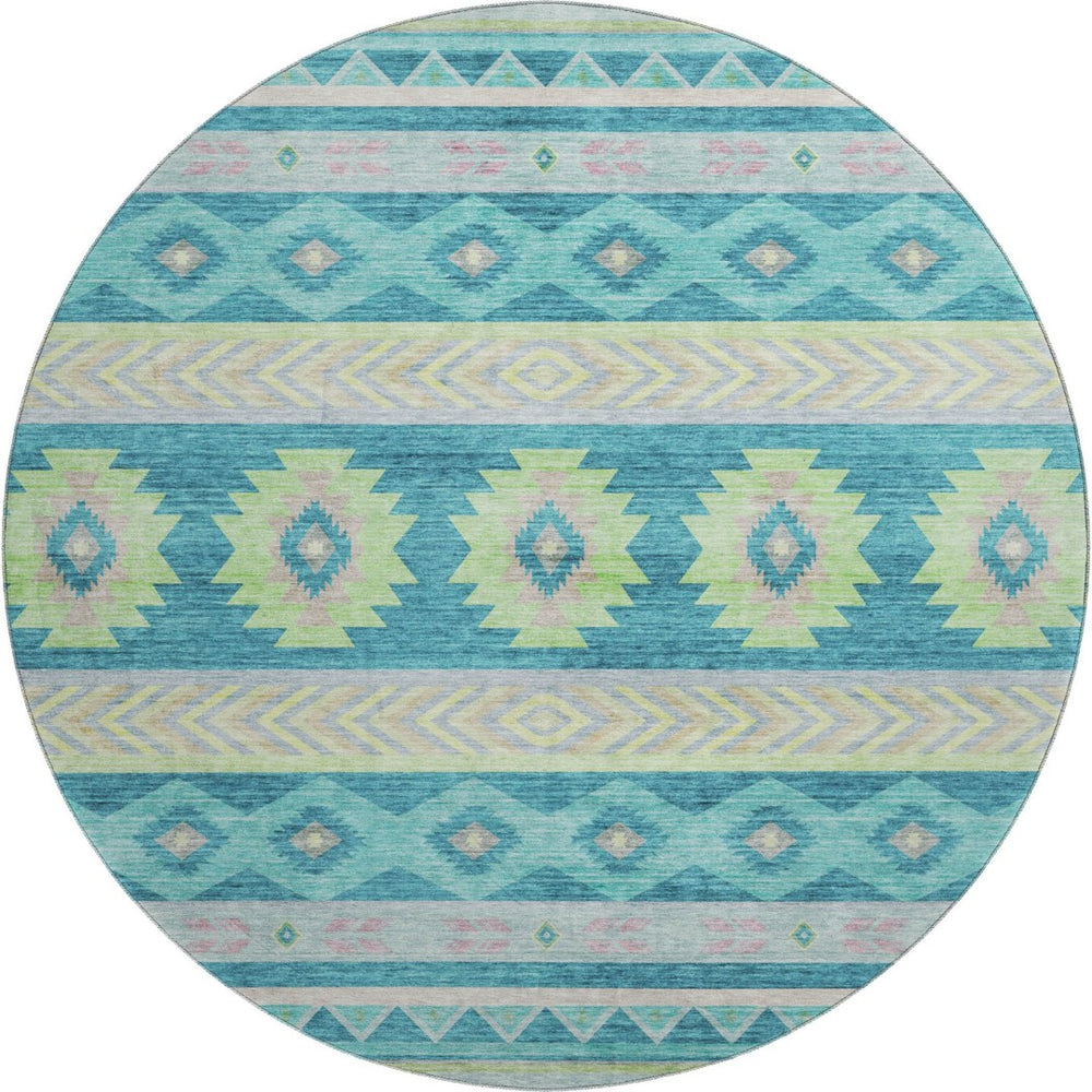HomeRoots 8' Persian Blue Geometric Round Rug - Washable, UV Protected, Stain Resistant for High-Traffic Areas 645651