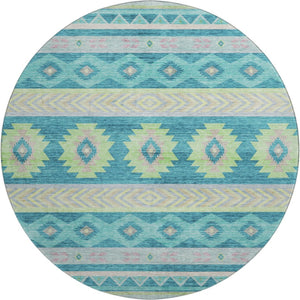HomeRoots 8' Persian Blue Geometric Round Rug - Washable, UV Protected, Stain Resistant for High-Traffic Areas 645651