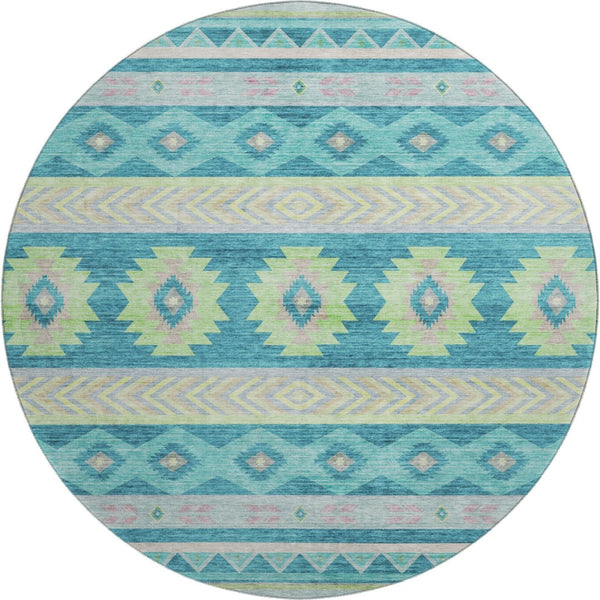HomeRoots 8' Persian Blue Geometric Round Rug - Washable, UV Protected, Stain Resistant for High-Traffic Areas 645651