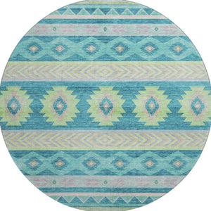 HomeRoots 8' Persian Blue Geometric Round Rug - Washable, UV Protected, Stain Resistant for High-Traffic Areas 645651
