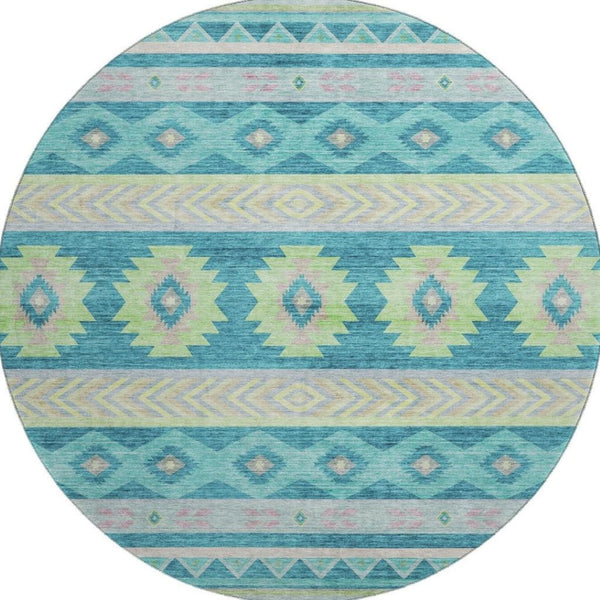 HomeRoots 8' Persian Blue Geometric Round Rug - Washable, UV Protected, Stain Resistant for High-Traffic Areas 645651