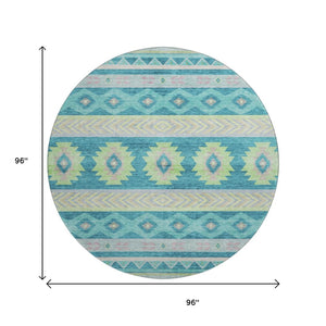 HomeRoots 8' Persian Blue Geometric Round Rug - Washable, UV Protected, Stain Resistant for High-Traffic Areas 645651