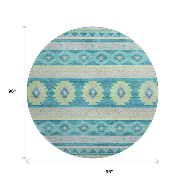 HomeRoots 8' Persian Blue Geometric Round Rug - Washable, UV Protected, Stain Resistant for High-Traffic Areas 645651