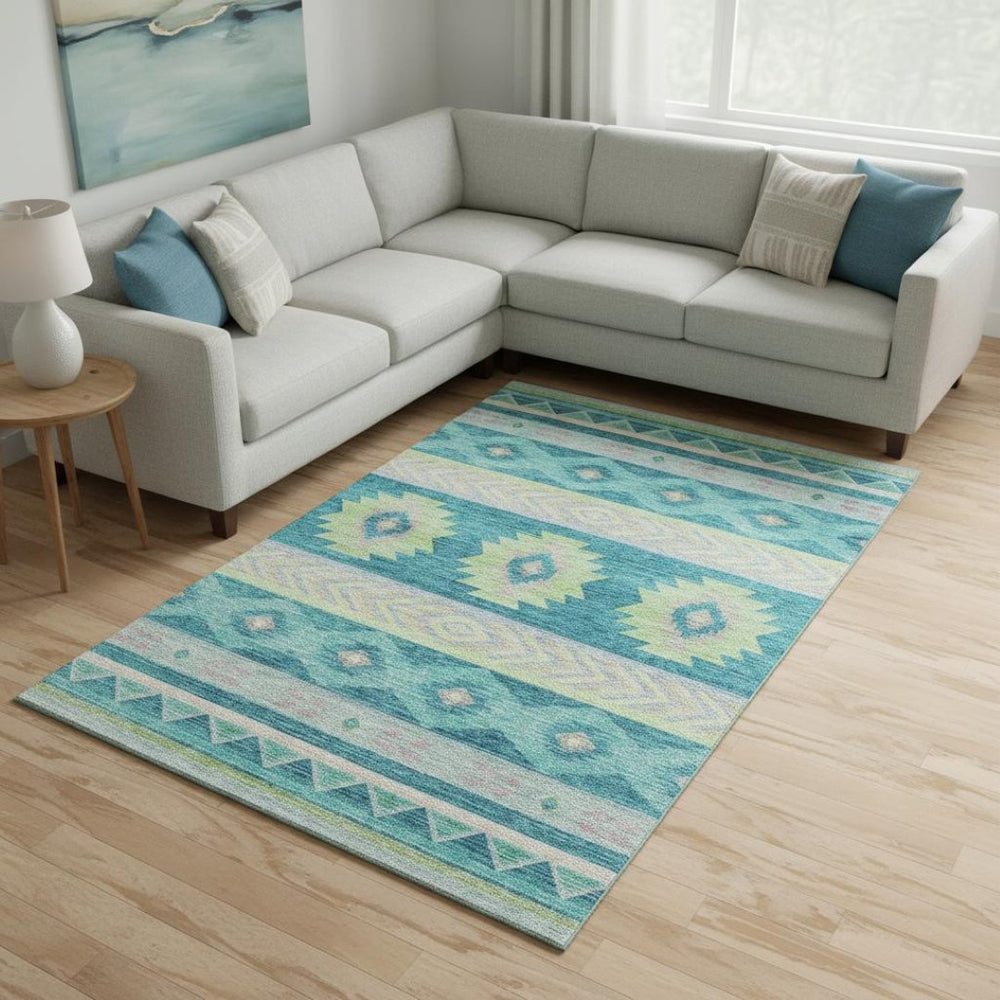 HomeRoots 8' X 10' Modern Geometric Washable Area Rug in Persian Blue, Lime Green & Silver – Stain Resistant! 645652