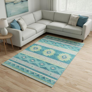 HomeRoots 8' X 10' Modern Geometric Washable Area Rug in Persian Blue, Lime Green & Silver – Stain Resistant! 645652