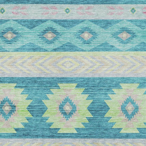 HomeRoots 8' X 10' Modern Geometric Washable Area Rug in Persian Blue, Lime Green & Silver – Stain Resistant! 645652