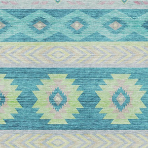HomeRoots 9' X 12' Persian Blue Lime Green Silver Geometric Area Rug - Washable, UV Protected, Kids & Pets Friendly! 645653