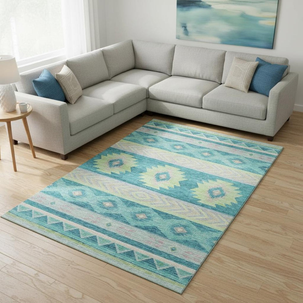 HomeRoots 9' X 12' Persian Blue Lime Green Silver Geometric Area Rug - Washable, UV Protected, Kids & Pets Friendly! 645653