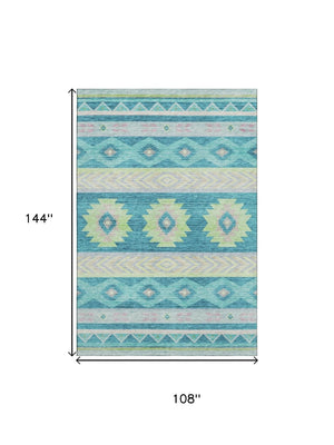 HomeRoots 9' X 12' Persian Blue Lime Green Silver Geometric Area Rug - Washable, UV Protected, Kids & Pets Friendly! 645653