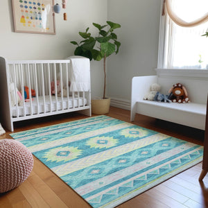 HomeRoots 10' Modern Geometric Area Rug in Persian Blue, Lime Green & Silver - Washable, UV Protected & Durable! 645654