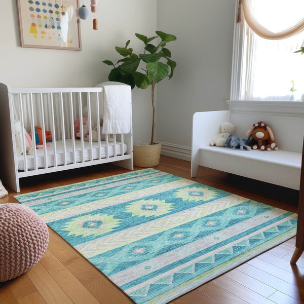 HomeRoots 10' Modern Geometric Area Rug in Persian Blue, Lime Green & Silver - Washable, UV Protected & Durable! 645654