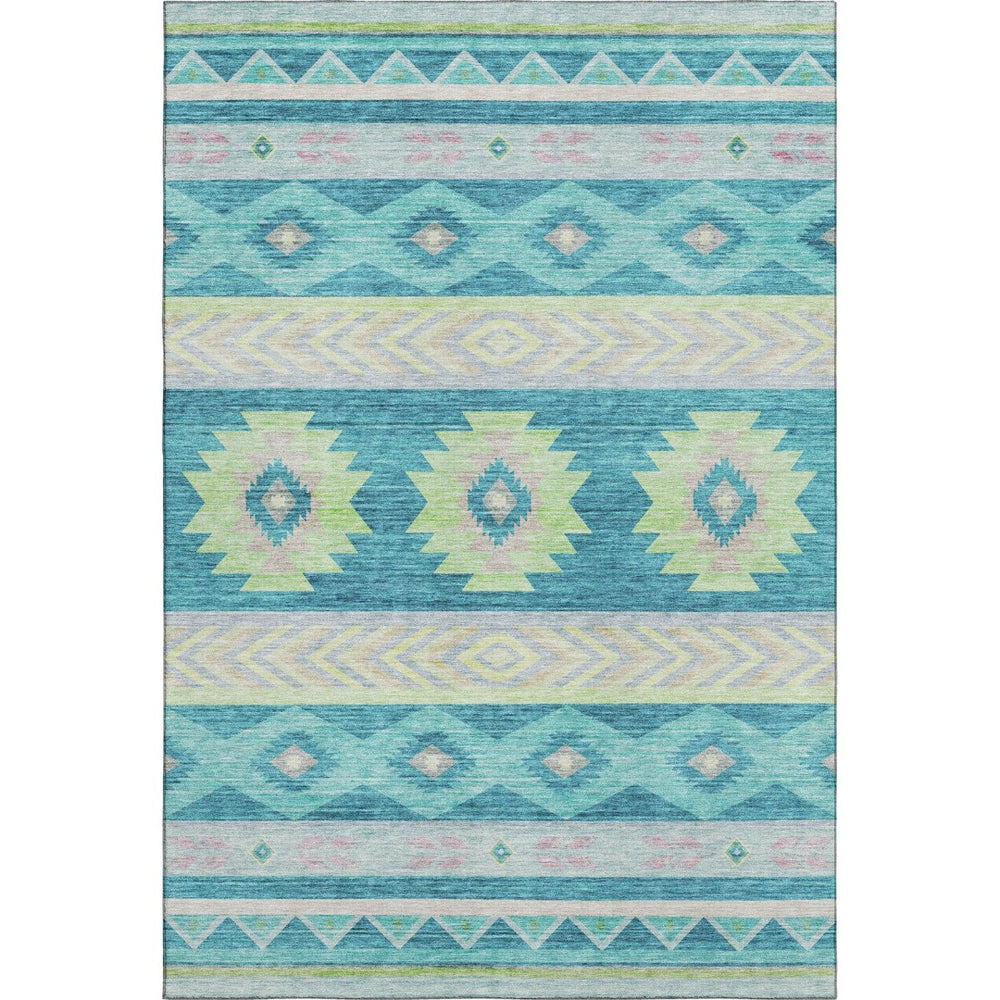 HomeRoots 10' Modern Geometric Area Rug in Persian Blue, Lime Green & Silver - Washable, UV Protected & Durable! 645654