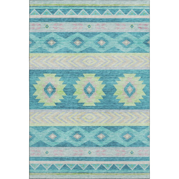HomeRoots 10' Modern Geometric Area Rug in Persian Blue, Lime Green & Silver - Washable, UV Protected & Durable! 645654