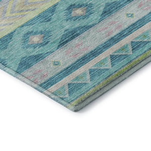 HomeRoots 10' Modern Geometric Area Rug in Persian Blue, Lime Green & Silver - Washable, UV Protected & Durable! 645654