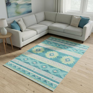 HomeRoots 10' Modern Geometric Area Rug in Persian Blue, Lime Green & Silver - Washable, UV Protected & Durable! 645654